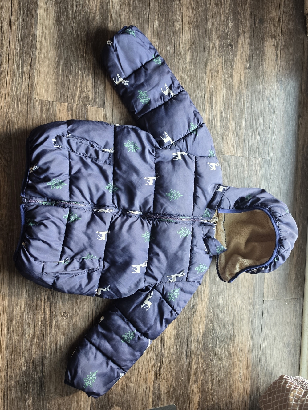 Kimjun Navy Blue Reindeer & Pine Tree Hooded Winter Puffer Jacket Size 6
